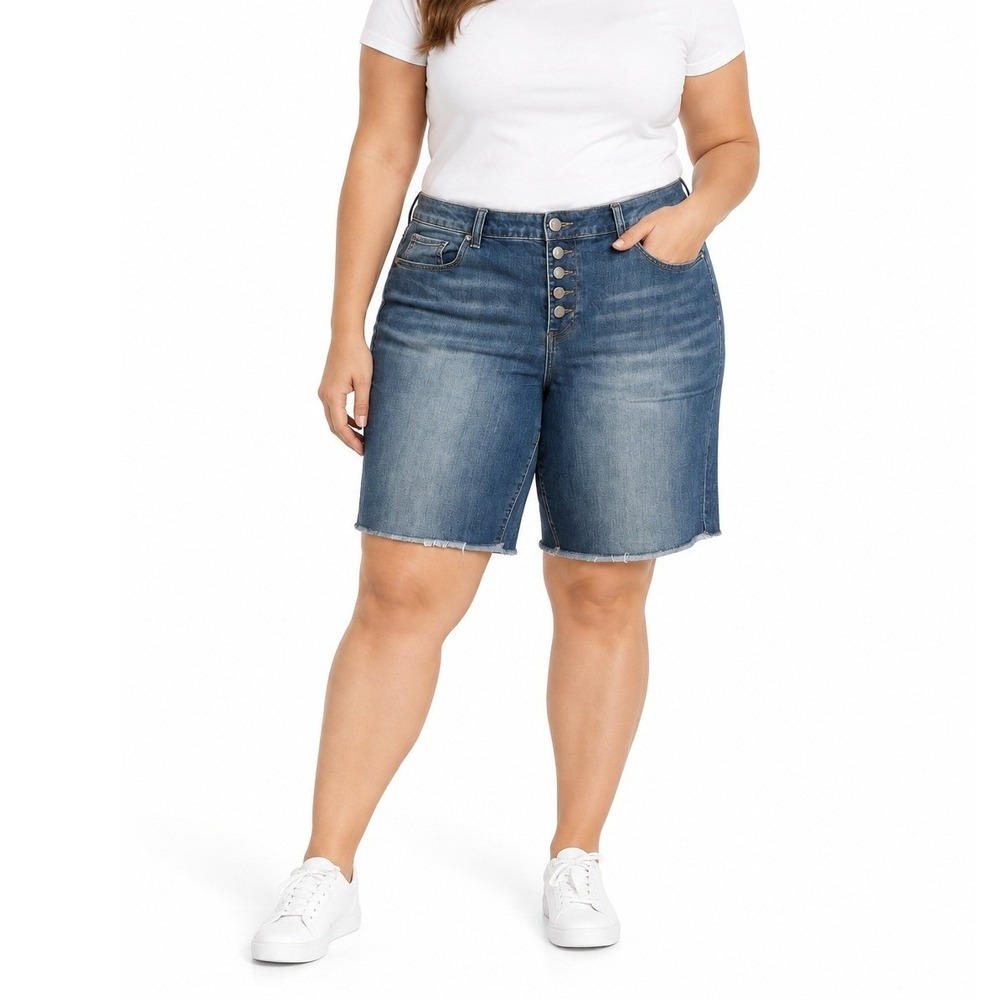 Lane Bryant Mid Rise Flare Button Fly Denim Cut Off Bermuda Shorts Blue Size 20